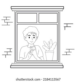 The guy looks out the window. Black and white lines.