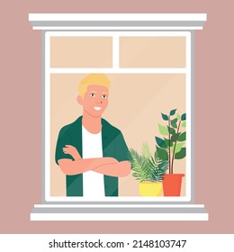 The guy looks out the window. Indoor plant. Vector flat