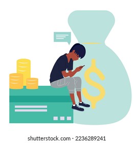 The guy looks at the phone. Games, online work, media. Opportunity to earn money. Vector.
