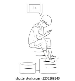 The guy looks at the phone. Games, online work, media. Opportunity to earn money. Vector.