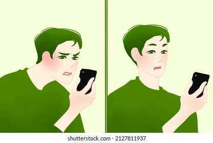 the guy looks at the phone, the man looks at the phone and does not understand, is surprised, perplexed, logo, banner, green.