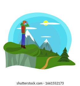 guy looks through binoculars from a cliff to the mountains and mountain meadows