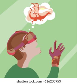 Guy looks through the image of virtual reality goggles. Vector illustration with boy placed on the color background. Perfect for textile or book covers, manufacturing, card, cartoon, scrapbooking.