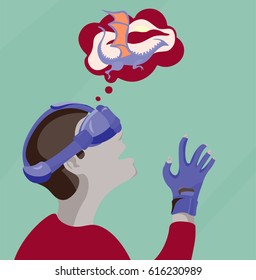 Guy looks through the image of virtual reality goggles. Vector illustration with boy placed on the color background. Perfect for textile or book covers, manufacturing, card, cartoon, scrapbooking.
