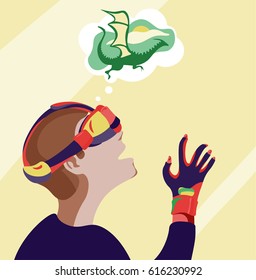 Guy looks through the image of virtual reality goggles. Vector illustration with boy placed on the color background. Perfect for textile or book covers, manufacturing, card, cartoon, scrapbooking.
