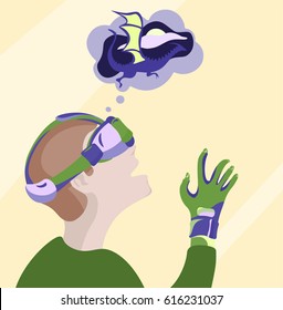 Guy looks through the image of virtual reality goggles. Vector illustration with boy placed on the color background. Perfect for textile or book covers, manufacturing, card, cartoon, scrapbooking.