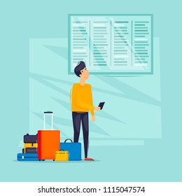 Guy looks at the train station schedule, travel, airport, bus station, railway station. Flat design vector illustration.