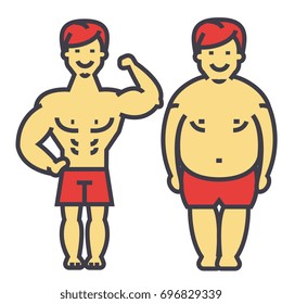 Guy losing weight, fat guy, before and after diet and fitness, slimming young man, male lose weight, concept. Line vector icon. Editable stroke. Flat linear illustration isolated on white background