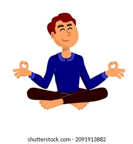 Guy in lotus position meditates at home. Yoga lotus posture meditation practice. Colored flat vector illustration isolated on white background