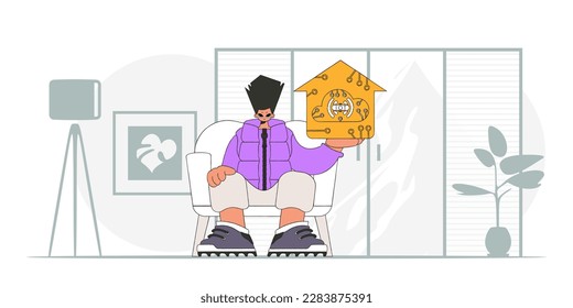 Guy, lounging on the floor, holds an internet of things.themed logo vectorial, modern character styling.