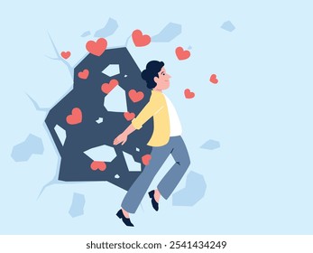 Guy in love. Man jumps out, breaking the wall, on romantic feelings with flow of many red hearts. New relationship, recovery after broken heart or divorce, vector scene