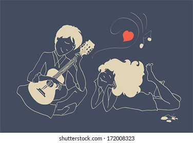 Guy In Love Playing The Guitar For His Girlfriend. Illustration, Vector