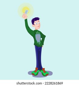 
a guy with a lucky ticket stands with a satisfied smile. luck. lottery. success. win. health. fun. flat image.