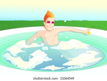 Guy lying in azure Jacuzzi