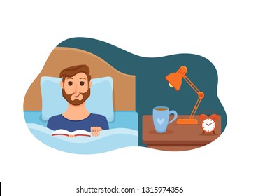 Guy lying on bed in home bedroom and reading a book in his hands under lamp light. Vector illustration of young man having rest, relax, cozy comfortable night home interior with cup of tea, clock. 