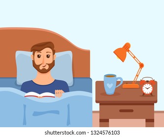Guy lying on bed in home bedroom and reading a book in her hands under lamp light. Vector illustration of young man having rest, relax, cozy comfortable night home interior with cup of tea, clock. 