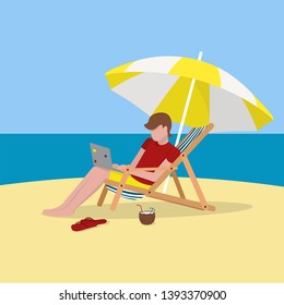 The guy is lying on a deck chair under an umbrella, holding a laptop and drinking a coconut cocktail. Flat vector illustration.