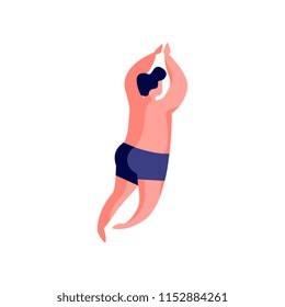 Guy lying on his stomach sunbathing, young man relaxing at the beach vector Illustration on a white background