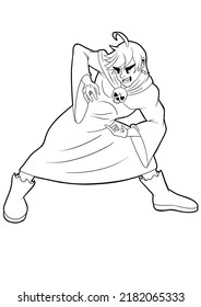 The guy magician warlock drawn in a cartoon manga and anime style, he stands in a robe and is about to cast a spell, outline drawing coloring book