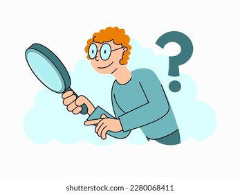 The guy with a magnifying glass is looking for an answer to a question.