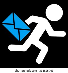 Guy Mail Courier vector icon. Style is bicolor flat symbol, blue and white colors, rounded angles, black background.