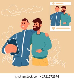 El tipo se hace selfie con su amigo y la publicación. Icono de dibujo plano con vector de color. Concepto para blogger.