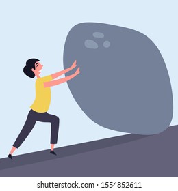 The guy makes every effort to move the heavy stone to the top. Metaphor a lot of willpower. Fight with yourself. Overcome obstacles. Internal self-examination. Vector