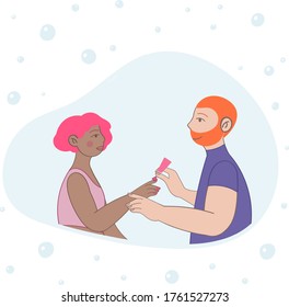 Guy makes a manicure for his girlfriend at home