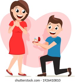 The guy makes a marriage proposal to the girl on the background of the heart. Characters