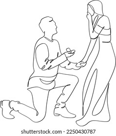 The guy makes a marriage proposal to his girlfriend. Line art. Valentine's Day illustration. Romantic.