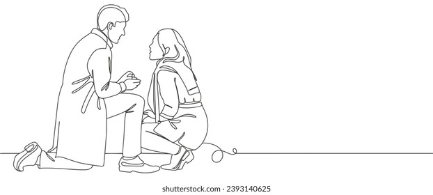 The guy makes a marriage proposal to his girlfriend. Line art. Valentine's Day line art vector illustration. Romantic