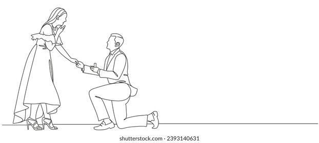 The guy makes a marriage proposal to his girlfriend. Line art. Valentine's Day line art vector illustration. Romantic