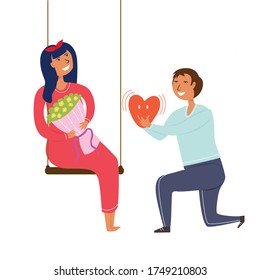 Guy makes an offer to the girl's hands and hearts. Recognition of the hand. Please get married. Editable vector illustration