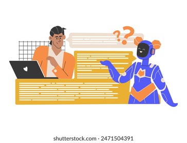 The guy makes a prompt to the neural network and receives a response. Using a chat bot and artificial intelligence in learning, work, searching and analyzing information. Vector flat illustration.