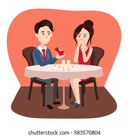 Guy makes a proposal to girl. Cartoon hand drawn vector illustration