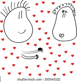 guy makes a proposal to the girl, funny faces, many hearts on a transparent background