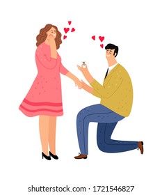 Guy makes proposal to girl. Happy woman and man with ring. Romantic date vector illustration