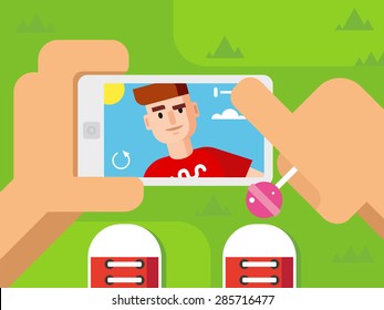 Guy makes selfie on smart phone. Vector illustration style flat design