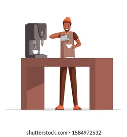 Guy making coffee flat vector illustration. Smiling cafe worker, professional barista adding milk to espresso cartoon character. Young african american man enjoying hot breakfast beverage