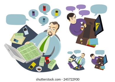 Guy man boss and employee working at the table desk, money suitcase