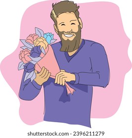 tipo o hombre con un ramo de flores ilustración vectorial