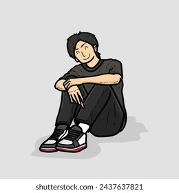 Hombre o Hombre o niño camiseta pantalones largos zapatillas sentados en el suelo y sonriendo aislados en el fondo gris vector ilustraciones modernas