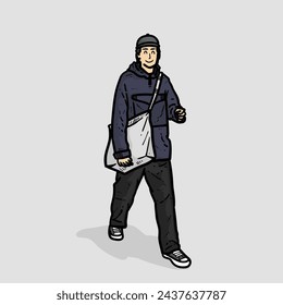 Guy or Man or boy walking with totebag and beanie or cap and smiling isolated on greybackground vector modern illustrations