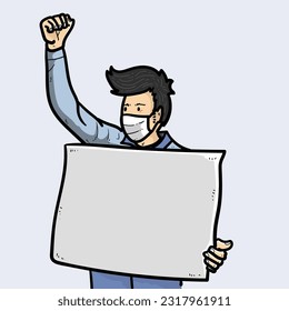 Guy or man bring blank paper or sign board to protest something demonstration isolated on Blue background vector modern illustrations