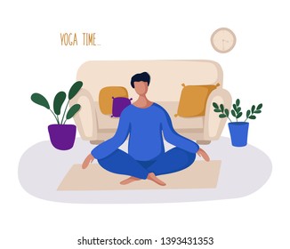 Guy or man and his hobby or daily activity - yoga, training and meditation on mat in cozy room. Cute male character is resting and relaxing at home, doing exercises. Flat style, vector