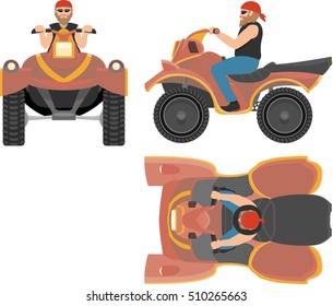 guy, man on ATV, side view, a front view, top view. vector illustration flat. Isolated on a white background.