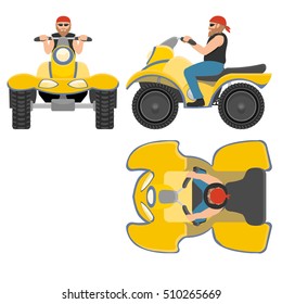 guy, man on ATV, side view, a front view, top view. vector illustration flat. Isolated on a white background.