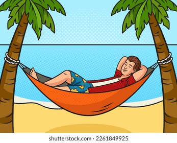 guy man is resting in hammock between palm trees on the beach pop art retro vector illustration. Comic book style imitation.