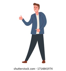 Guy man zeigt einen flachen Vektorillustration-Daumen-Charakter einzeln auf weißem Hintergrund. Man zeigt OK-Zeichen.Vektorillustration-Abbildung.