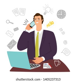 Guy manager, secretary, assistant businessman with laptop and phone. Secretary guy, man with phone and laptop